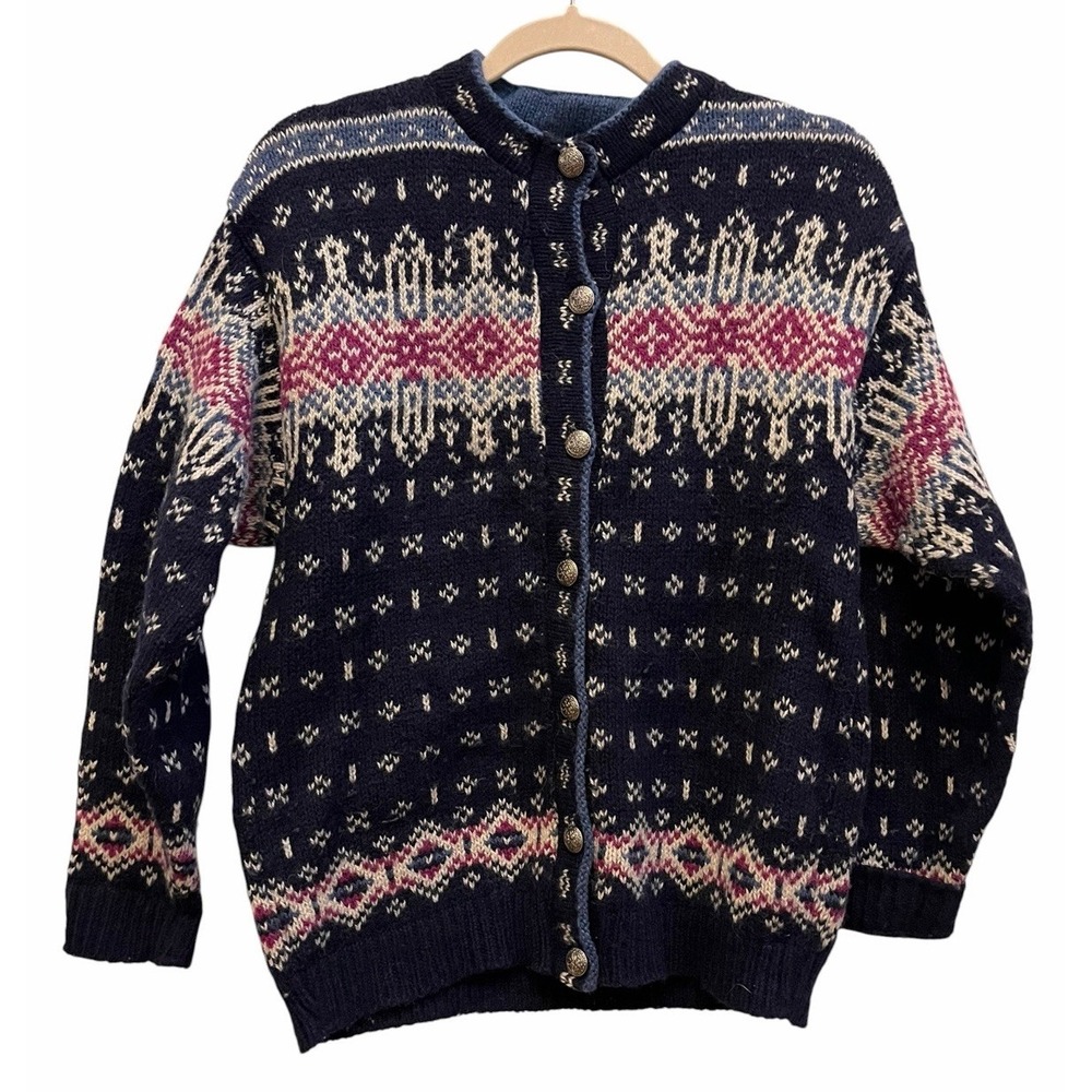 LL Bean Sweater Cardigan Wool Fair Isle Nordic Made In USA Womens Sz S